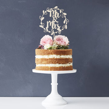 Mr And Mrs Floral Wreath Wooden Wedding Cake Topper, 3 of 5