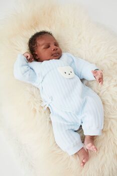 Personalised Blue Ribbed Teddy Boucle Wrap Baby Romper, 4 of 4