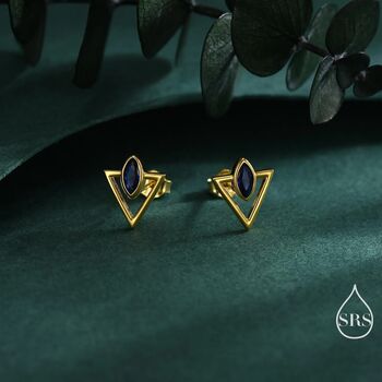 Sterling Silver Triangle And Sapphire Blue Marquise Cz Arrow Stud Earrings, 4 of 12