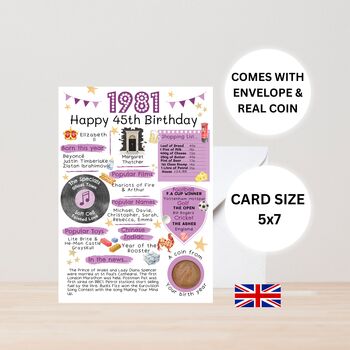 45th Birthday Card With 1981 Coin And Envelope Choose Your Colour, 3 of 3