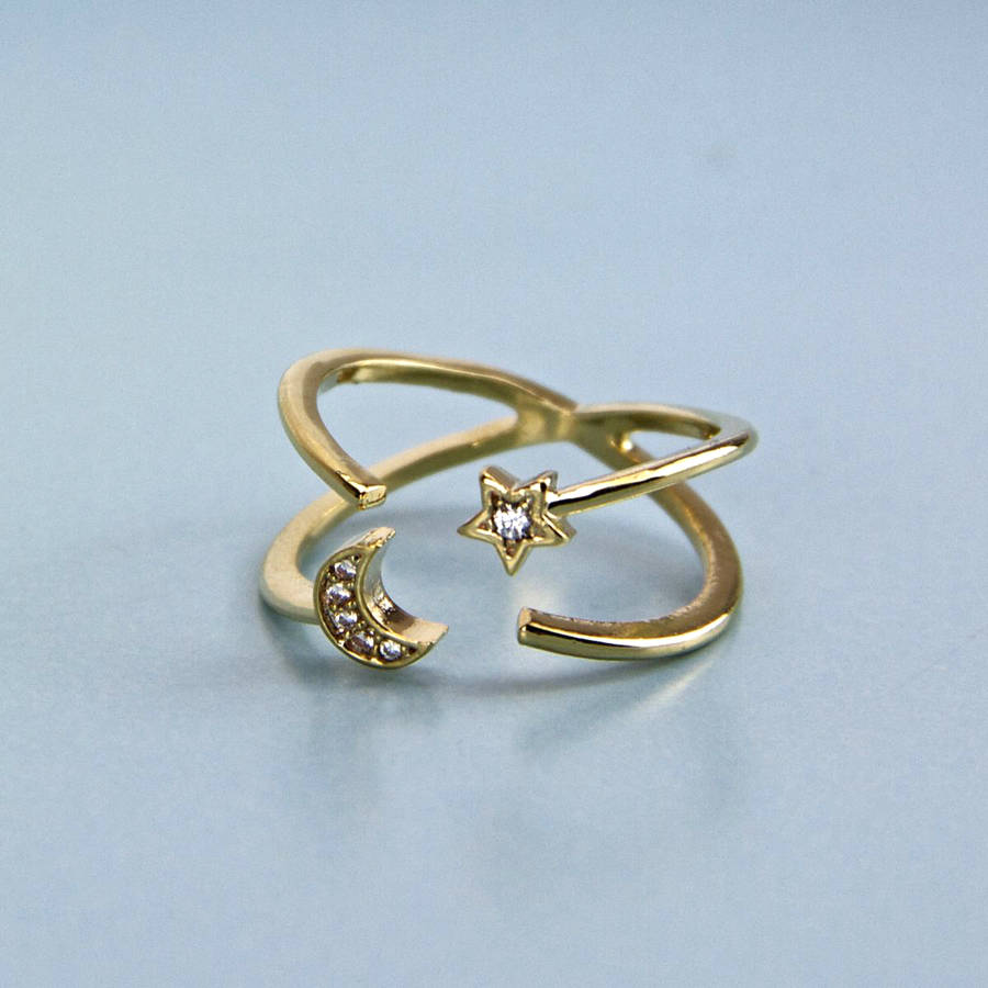 Crescent Moon And Star Crossover Open Ring, 1 of 10