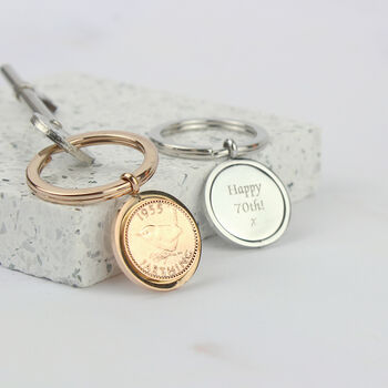 70th Or 80th Birthday Personalised Farthing Spinner Keyring, 2 of 9