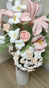 Handmade Crochet Blush Spring Garden Bouquet – Elegant Pink And White Floral Arrangement, 2 of 3