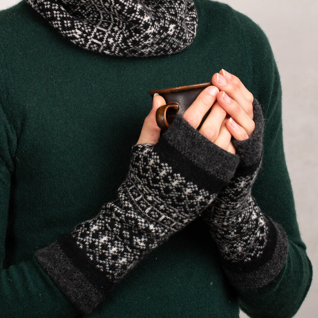 Knitted Fair Isle Wrist Warmers In Two Colours By Suzie Lee Knitwear