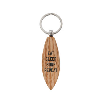 'Eat Sleep Surf Repeat' Oak Surfboard Keyring, 2 of 2