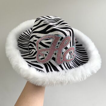 Personalised Fur Trim Zebra Print Cowboy Hat, 3 of 4