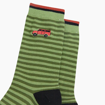 Embroidered Off Roader Striped Combed Cotton Socks In Green, 2 of 4