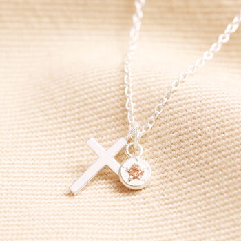 Personalised Sterling Silver Cross And Birthstone Charm Necklace, 2 of 6
