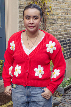 Red Crochet Bobble Applique Relaxed Daisy Cardigan, 7 of 7