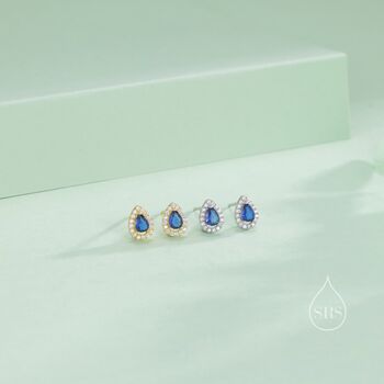Sterling Silver Tiny Sapphire Blue Droplet Cz Halo Stud Earrings, 5 of 12