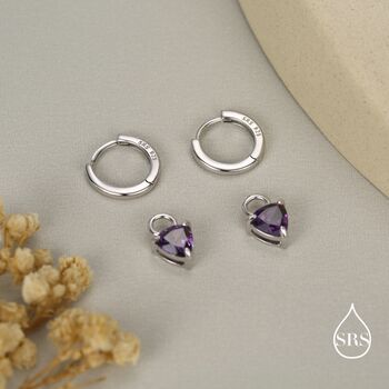 Sterling Silver Amethyst Purple Trillion Cut Cz Hoop Earrings, 6 of 11