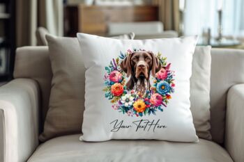 Personalised Liver And Black Shorthaired Pointer Summer Floral Dog Wreath Cushion And Mug Bundle, 4 of 4