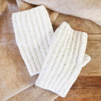 Soft Knitted Hand Warmers In Marled Cream, 2 of 5