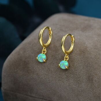 Sterling Silver Green Opal Dot Huggie Hoop Earrings, 3 of 11