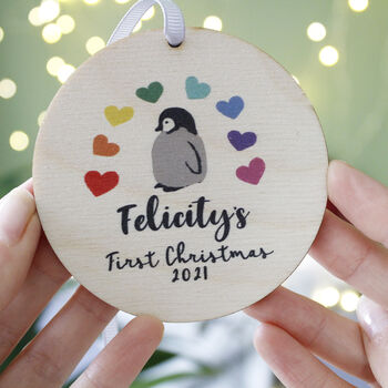 Rainbow Penguin First Christmas Wooden Decoration, 4 of 5
