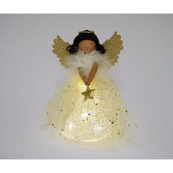 Gold Dark Haired Light Up Tree Topper Angel Decoration, 5 of 10