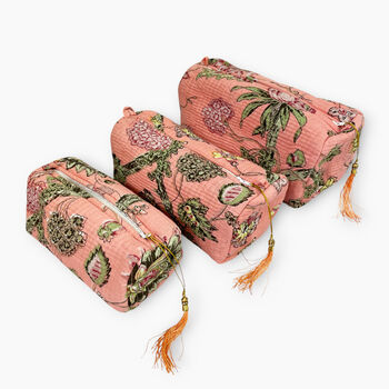 Bird And Floral Cotton Washbag With Waterproof Lining Peach, 3 of 5