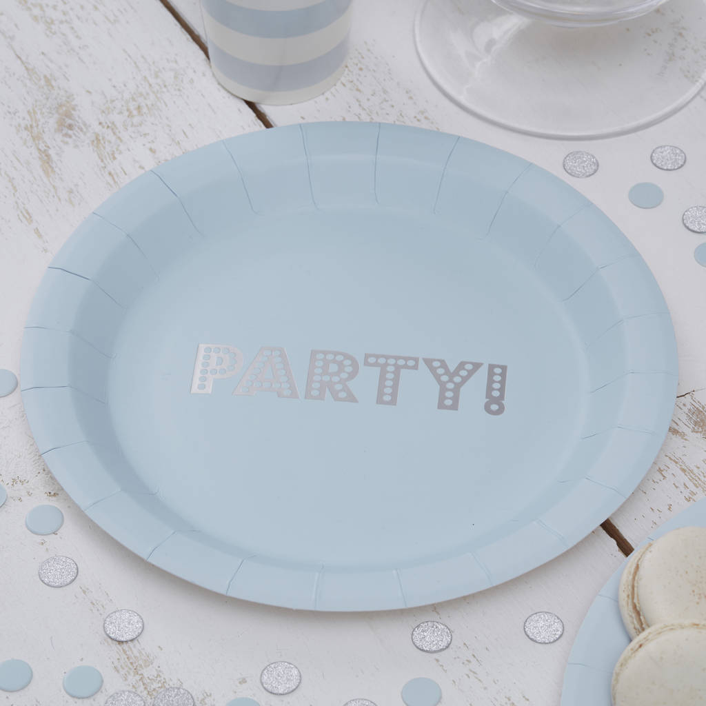 pastel blue party silver foiled paper plate by ginger ray