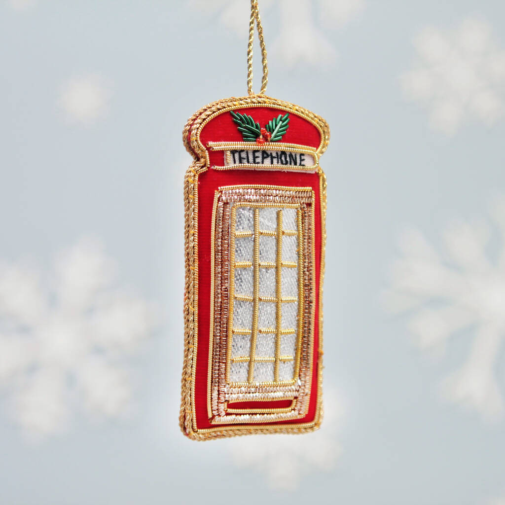 Zari Embroidery Red Phone Box Christmas Tree Decoration By Postbox