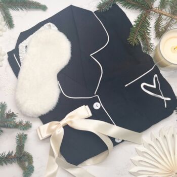 Luxury Christmas Pyjama Gift Set For Her With Eye Mask And Satin Hair Bow In Black And White, 2 of 11