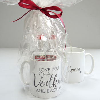 Personalised 'Love' Mug And Two Mini Bottles Of Vodka, 4 of 4