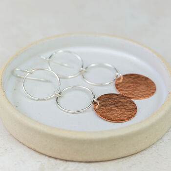 Sterling Silver And Copper Circle Drop Earrings, 2 of 3
