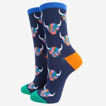 Women's Rainbow Highland Cow Bamboo Socks Navy Blue, 2 of 4