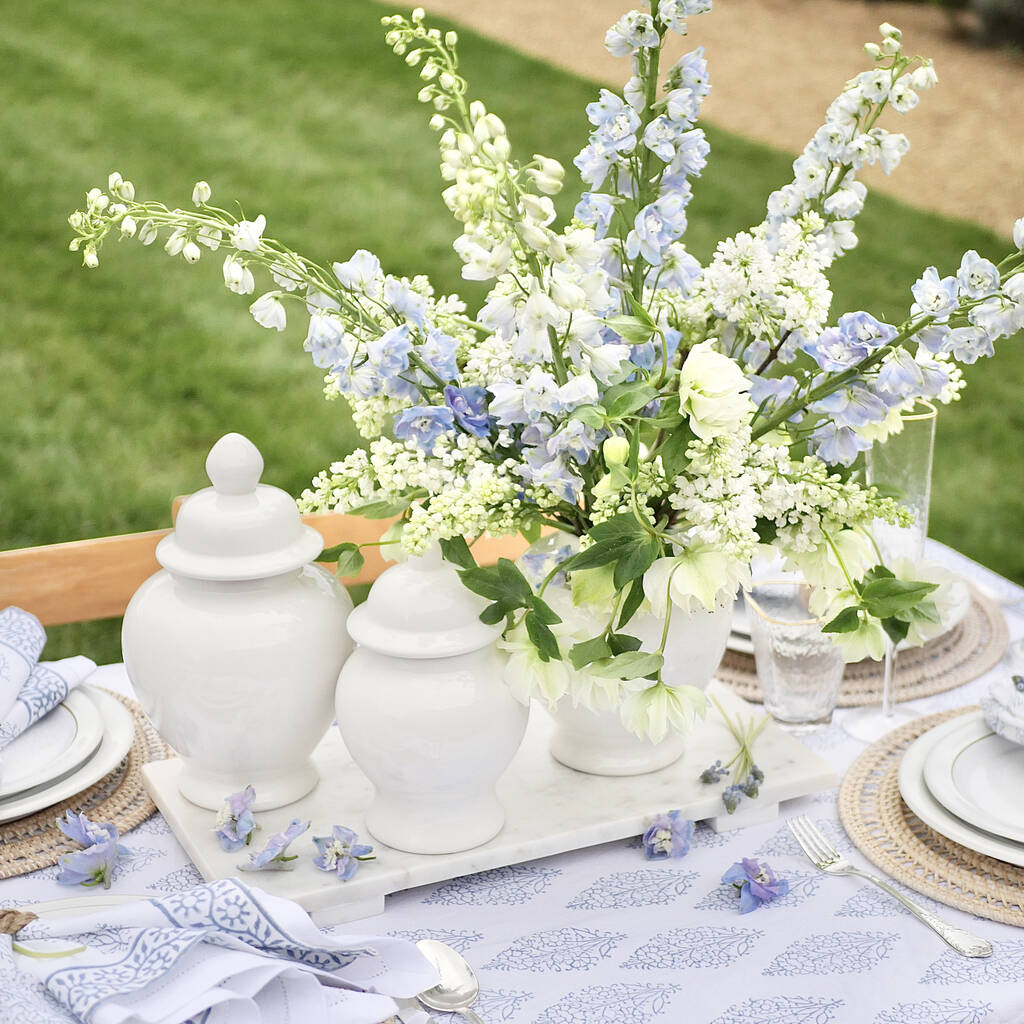 White Ceramic Ginger Jars By Dress For Dinner Tablescapes