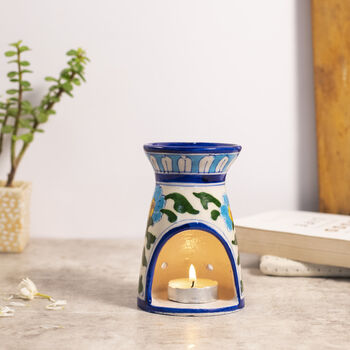 Blue Pottery Oil Burner With Flower Design, 2 of 3