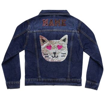 Personalised Kids Denim Jacket Reversible Sequin Cat, 8 of 9