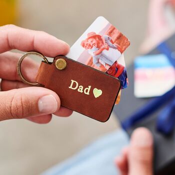 Personalised Leather Keyring For Mum With Four Metal Photo Cards With Hot Stamped Initials, Name Or Date, 4 of 6