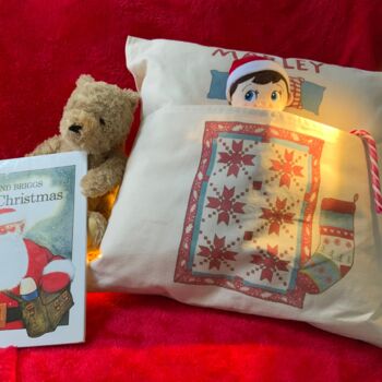 Personalised Christmas Elf Bedtime Reading Cushion, 5 of 12