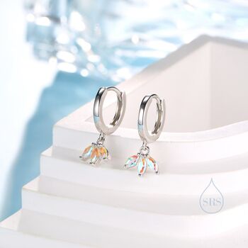 Sterling Silver Aurora Ab Cz Marquise Crown Huggie Hoop Earrings, 3 of 10