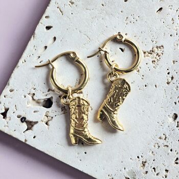 Gold Plated Cowboy Boot Huggie Hoop Earrings, 3 of 5