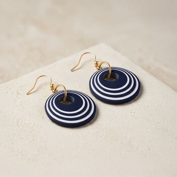 Dark Navy And Pearlescent White Geometric Circular Earrings • Gold Plated Sterling Silver Hooks, 3 of 12