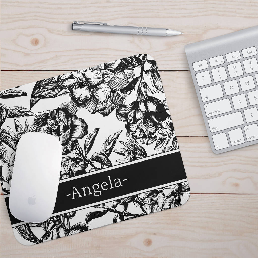 Personalised Black And White Floral Mouse Mat