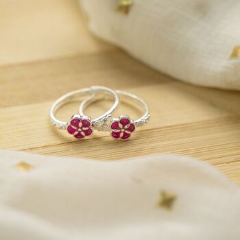 Adjustable Sterling Silver Red Floral Slim Daisy Ring, 2 of 5