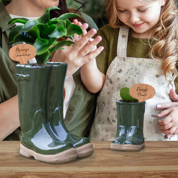 Personalised Dark Green Welly Boot Planters Gift Set, 3 of 10