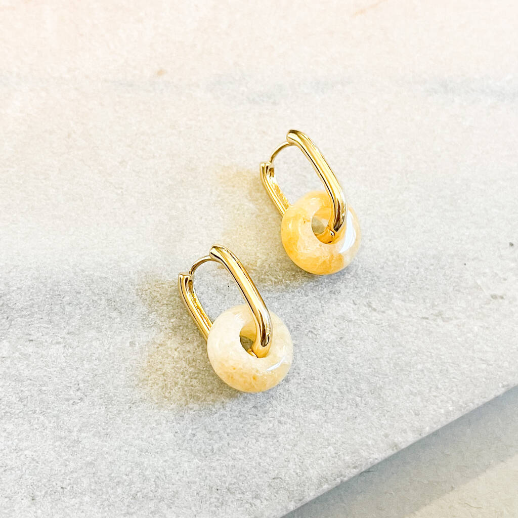 Chunky Huggie Hoops With Yellow Banded Agate Donut Charm, 1 of 1