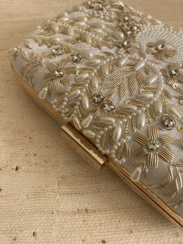 White Handcrafted Rectangular Pearl Clutch Bag, 9 of 10