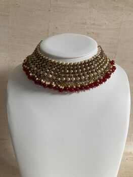 Indian Gold Plated Maroon Pearl Choker Set, 4 of 7