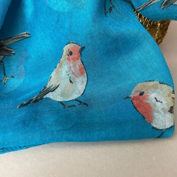 Watercolour Robins Print Scarf In Turquoise, 3 of 3