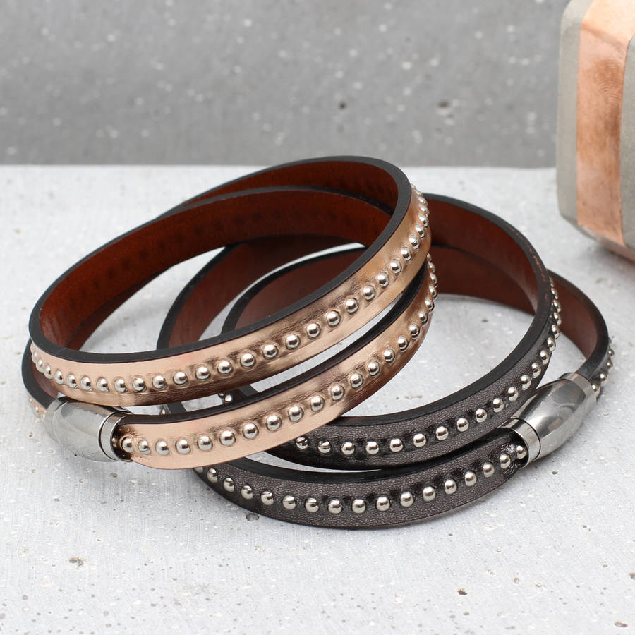 personalised leather and tiny stud wrap bracelet by hurleyburley