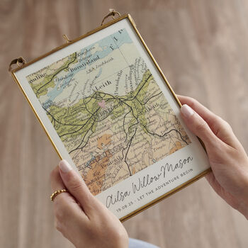 Personalised New Baby Vintage Map Stitch Heart Print, 2 of 10