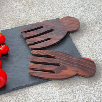 Hand Shaped Wooden Salad Server Spoons And Salad Tongs, 6 of 7