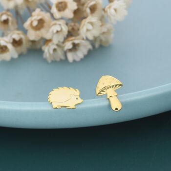 Mismatched Mushroom And Hedgehog Stud Earrings In Sterling Silver, 5 of 10