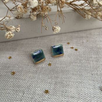 Green Blue Gold Detail Crackle Glaze Square Studs, 5 of 10
