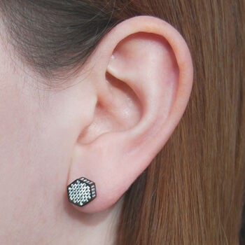 Reversible Pave Hexagon Stud Earrings In Sterling Silver, 8 of 9