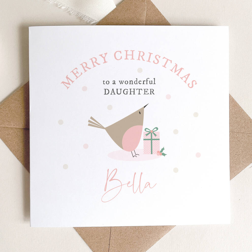 Personalised Christmas Card For Daughter: Robin With Christmas Gift Design, 1 of 5