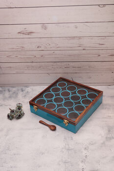 Blue Wooden Handcrafted 16 Round Compartments Spice Box, 2 of 4